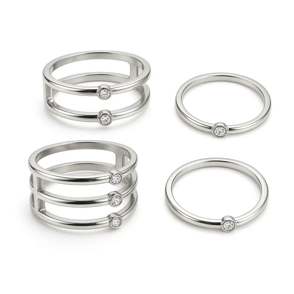 Accessoires Silver Tone Multi Band Crystal Ring Set L/XL Size 4 Piece Fashion Je